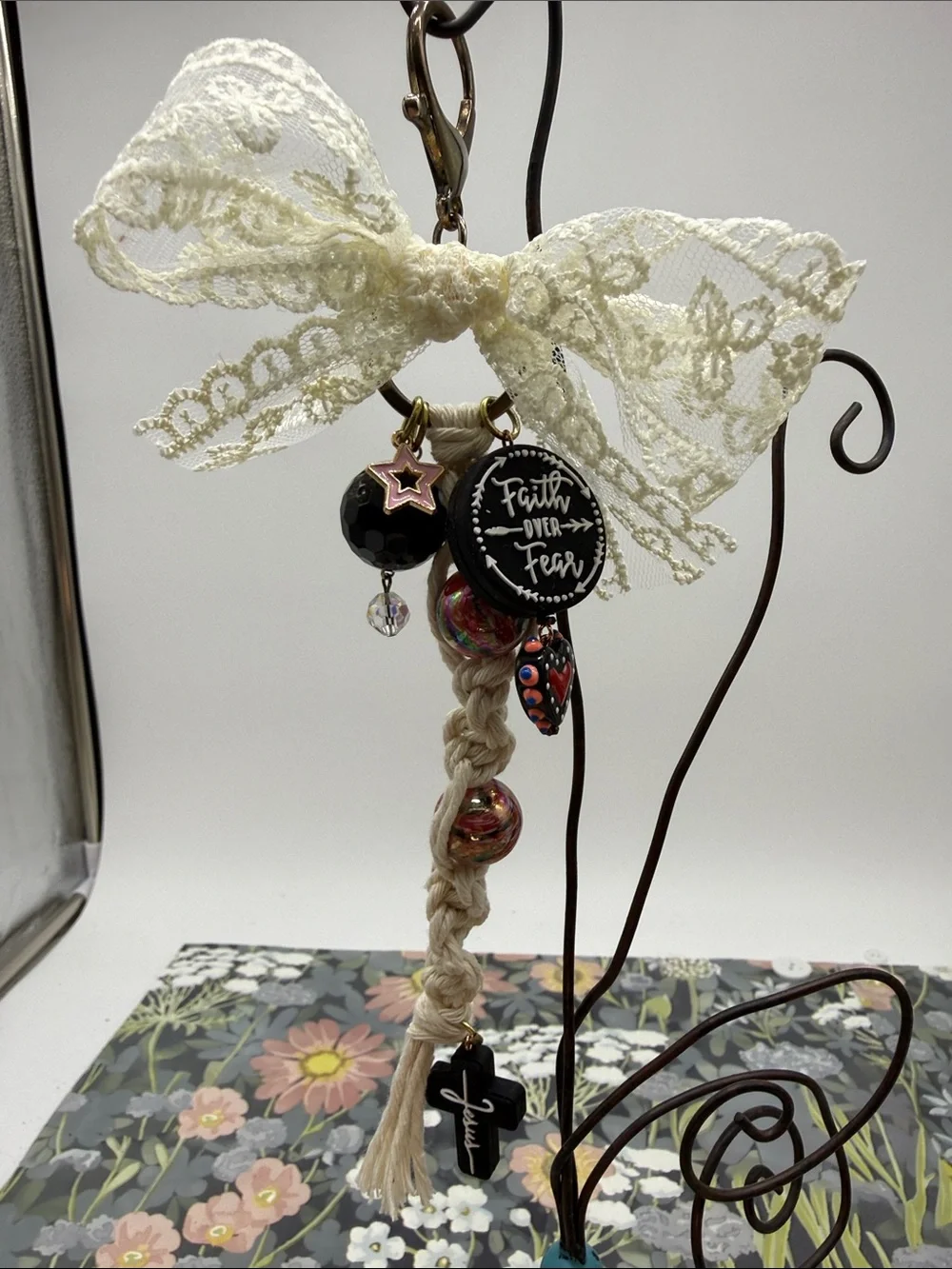 👑Adorned Crown Jewelry purse bag charm keychain Faith over Fear Jesus macrame